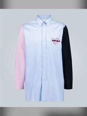 Prada Multi‑Color Striped Button‑Down Shirt with Contrasting Sleeves.